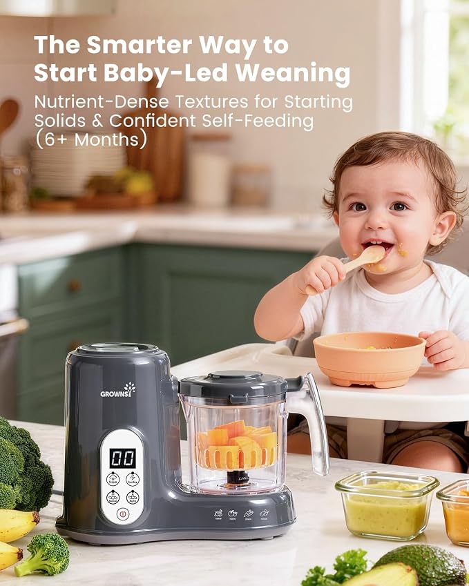 Grownsy Baby Food Maker, Steamer & Blender Baby Food Processor, Dark Grey | BPA-Free Elevated Steam Basket, Healthy Homemade Baby Food Purees, Starting Solids & BLW, Baby Feeding Essentials, 6+ Months