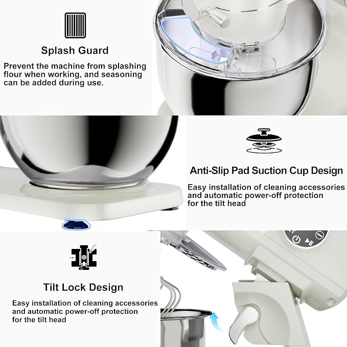 8.45 QT All Metal Stand Mixer,10 Speed Large Capacity Kitchen Mixer with Digital Timer & Tilt-Head, Electric Mixer with Whisk Dough Hook Mixing Beater for Baking,Cakes,Cookie,Bread,Salad (White)