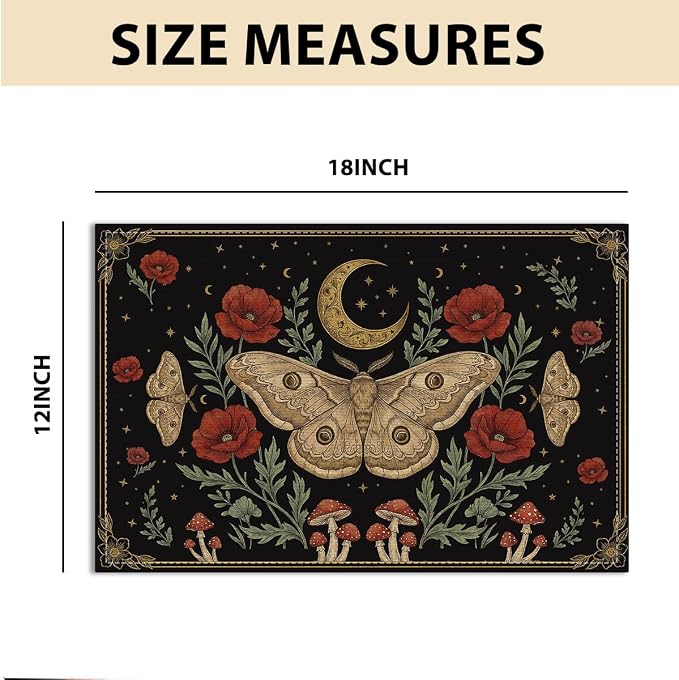 Black Poppy Moth Moon Placemats Set of 4, Floral Spring Table Mats | Outdoor Home Party Kitchen Dining Decor, Washable Non-Slip Heat Resistant Place Mats, Gothic Gifts for Women Mom Friend