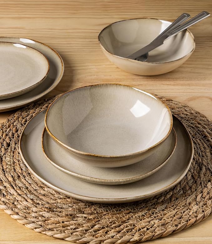 GBHOME Stoneware Dinnerware Sets for 8,24 Piece Rustic Plates and Bowls Set | Earthenware Handmade Reactive Glaze Plate Sets, Chip Resistant Ceramic Dishes, Microwave & Dishwasher Safe, Oatmeal Linen