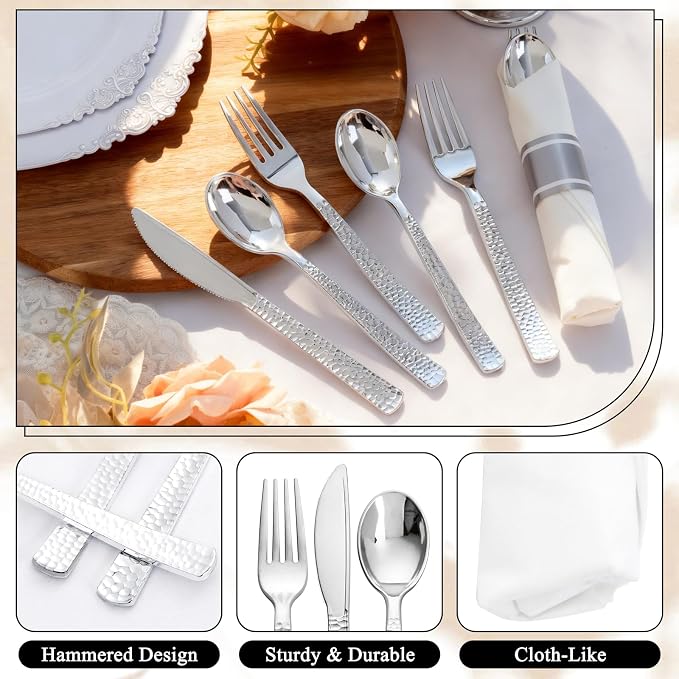 400PCS Silver Wrapped Silverware Set Disposable Hammered for Wedding | Pre-Rolled and Individually Wrapped, 100 Guests, Durable and Sturdy, BPA free, Includes Matching Napkins, for Upscale Dinners