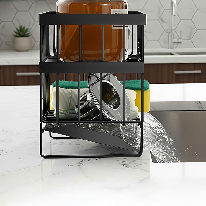 Kitchen Sink Organizer Caddy, 2 Tier Sink Caddy Organizer with High Brush Holder, Rust-Proof Countertop Rack (Black 10.6 * 4.3 * 5.7") for Kitchen Accessories & Dish Brushes