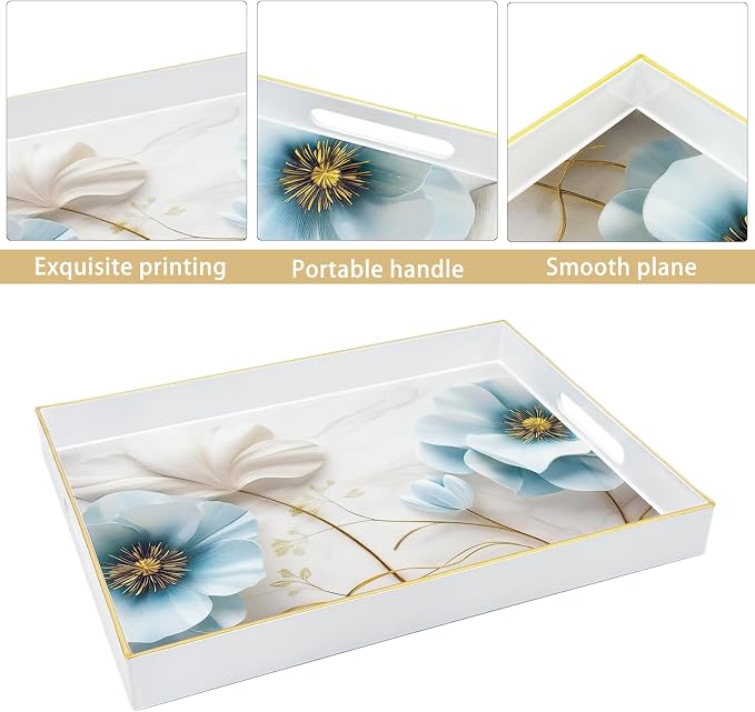 Serving Tray with Handles, 15.7 * 11.8 inches, Plastic Ottoman Tray with Exquisite Paintings, Trays for Coffee Table