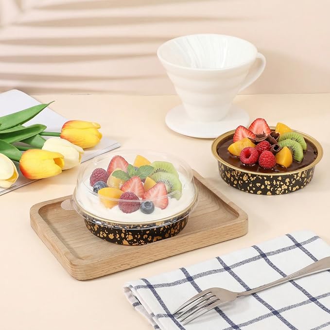 Beasea 4 Inch Pie Tins with Lids, 50 Pack 7.3 Oz Disposable Mini Tart Tins, Aluminum Foil Baking Tins Small Round Muffin Container Mini Cheesecake Cups for Pie Tart Quiche - Black Gold Speckles