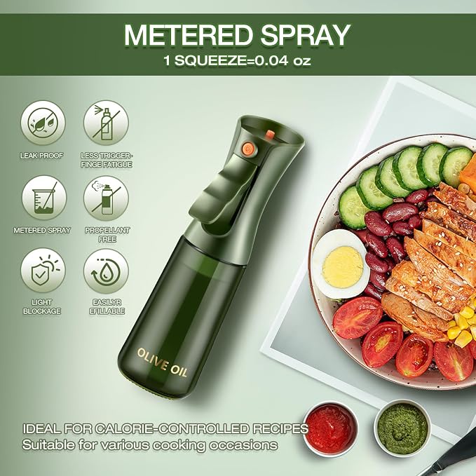 Glass Olive Oil Sprayer for Cooking 7.6 oz (Olive Green Bottle) | Oil Mister, Kitchen Refillable Continuous Oil Spray Bottle for Air Fryer, Portion Control, Leak Proof