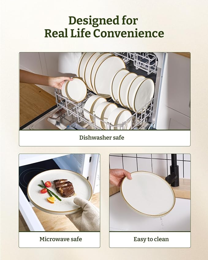 Famiware Nebula 18-Piece Dinnerware Set, Matte Beige White with Brown Rim | Stoneware Plates and Bowls, Handmade Reactive Glaze, Microwave & Dishwasher Safe, Chip & Scratch Resistant