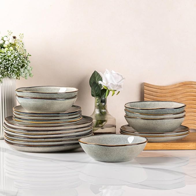 AmorArc Ceramic Dinnerware Sets for 6, 18Pcs Plates and Bowls Sets Dishes | Stoneware Handmade Reactive Glaze Dinner Set, Highly Scratch Resistant | Dishwasher & Microwave Safe Dishware