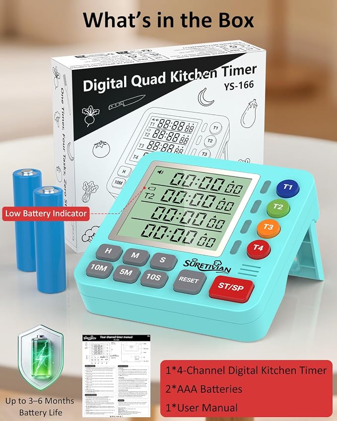 Digital Kitchen Timer with 4 Channel, Loud Alarm and Silent Mode | Magnetic Cooking Timer with Count Up & Countdown for Kids and Seniors, Large Display to Read, Auto Memory, Battery Included