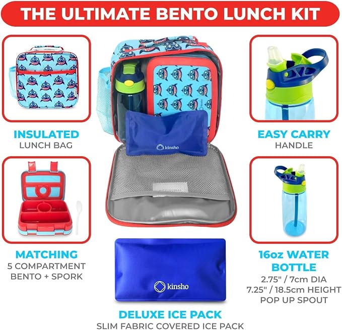 kinsho Bento Lunch Box Insulated Bag, Water Bottle & Ice Pack Set for Kids Toddlers, 4 Portion Sections, Removable Tray, Pre School Kid Toddler Daycare Lunches, Snack Container, Cute Blue Shark