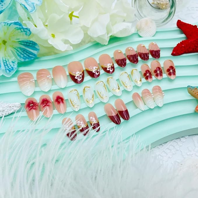 30Pcs Cute Flower Press On Nails Short Almond Fake Nails with 3D Shell Floral & Pearl Design Red French Tip False Nails Gold Chrome Full Cover Pink Glossy Acrylic Nails Summer Stick on Nails for Women