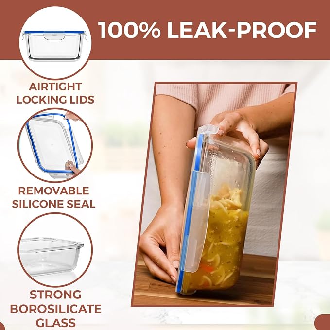 Razab 6.5 Cups / 52 Oz 4 Piece (2 Containers + 2 Lids) Glass Food Storage Containers Set with Airtight Locking Lids - For Storing, Baking & Serving BPA Free, Leakproof - Microwave, Freezer & Oven Safe