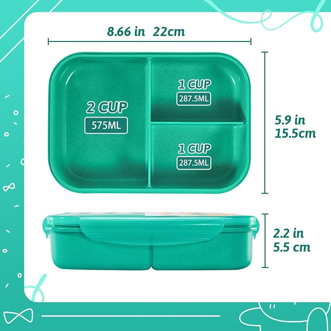MISS BIG® Bento Lunch Box for Kids, 1150ml, 3 Compartments, Green | Green kids bento lunch box for school food, daycare meals, snacks, light lunch, picnic, and travel.