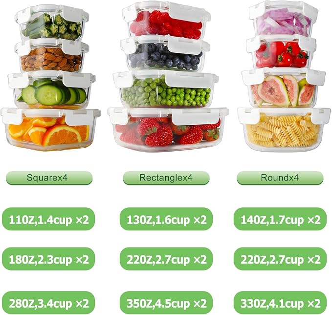 HOMBERKING 24pc Borosilicate Glass Food Storage Containers with Lids, Glass Meal Prep Containers with Leak Proof Snap Lock, Airtight Bento Lunch Boxes, Kitchen Storage (12 lids & 12 Containers)-White