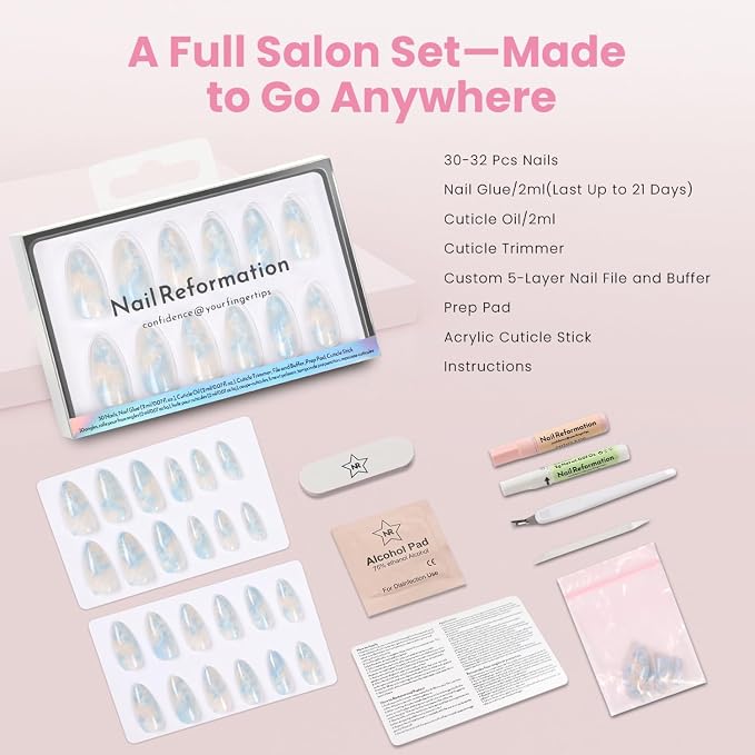 Nail Reformation Press On Nails, Marble Dream | Pastel Medium Almond 30 Pcs | 15 Sizes Fake Nails in Blue Pink White with Glossy Finish, Reusable Stick On Nails, False Nail Kit with Glue, Gifts for Women
