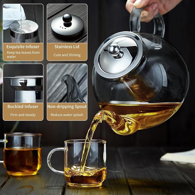 DOPUDO 40OZ (1200ML) Glass Teapot with Infuser Stovetop Safe, Clear Glass Tea Pot Kettle, Borosilicate Tea Pot with Infusers Filter for Loose Tea, Tea Kettle Dishwasher Safe (Black)