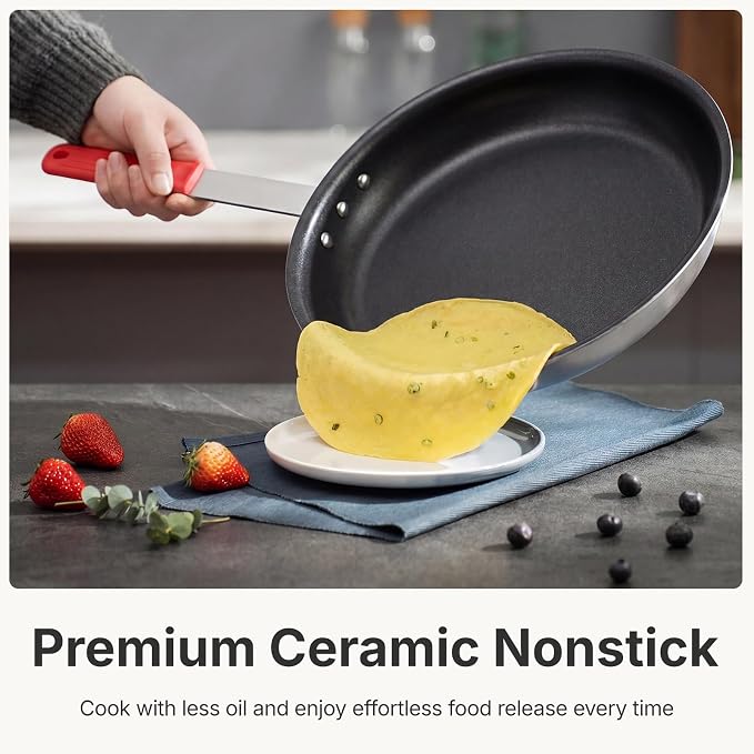NEWBULIG Nonstick Frying Pan, 10 Inch Heavy-Gauge Aluminum Skillet with Ceramic Nonstick Coating & Stainless Steel Base for Induction, Electric, Gas, Oven Safe, Red Hanging Handle | Aluminum body even heating, steel handle silicone grip, oven safe 392°...