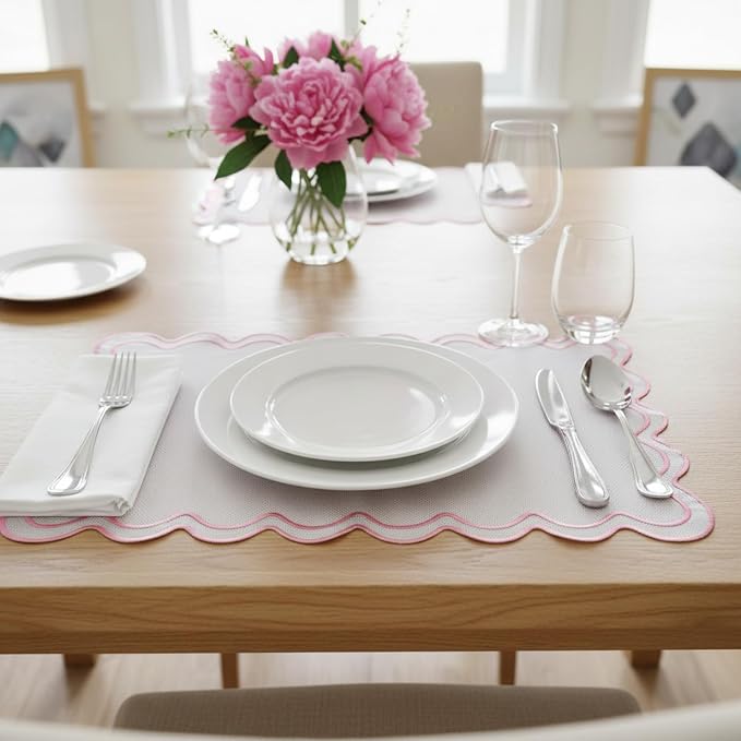 HunnmingRe White with Pink Set of 6 Cotton Linen Wedding Placemats, 13x19 Inch Scalloped Wavy Embroidery Placemat Double Layered Washable Rustic Rectangle Dinner Table Mat for Home Decor