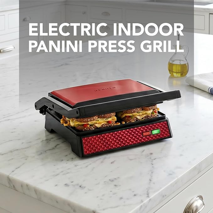 OVENTE Electric Indoor Panini Press Grill + Sandwich Maker, Red GP0620R | Opens 180 Degrees to Fit Any Type or Size of Food, 1000W Indoor Cooking Perfect for Quesadillas, Burgers & More