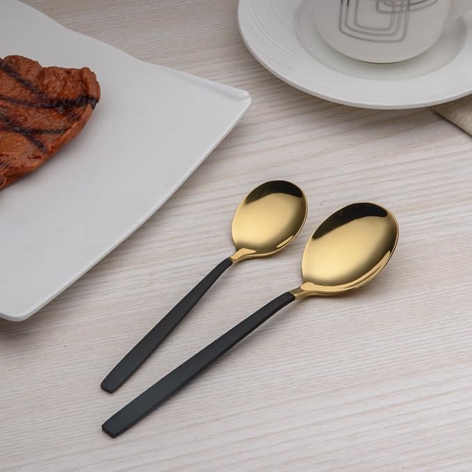Berglander 20 Piece Titanium Black And Golden Plated Stainless Steel Flatware Set, Handle With Mouth Silverware Set And Cutlery Set Service for 4 (Shiny Black,Shiny Golden)