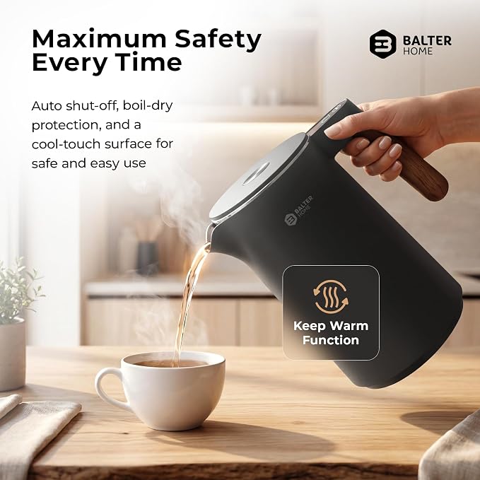 BALTER Electric Kettle with Temperature control, 113 °F – 212 °F, Tea pot, Stainless steel, double wall water kettle, BPA-free, quiet tea kettle, 1.5 L, 2200 W, Titanium Gray