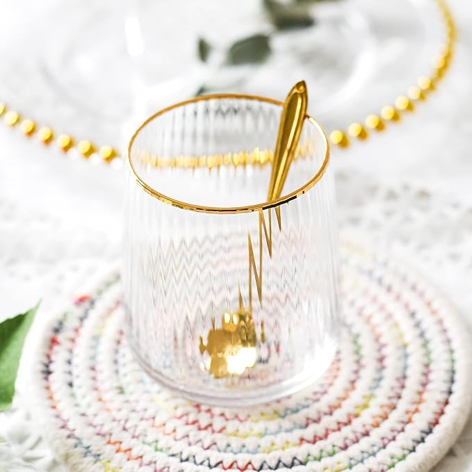Lysenn Stemless Wine Glasses Set of 4, for Red & White Wine, Gold Rim, 15oz | Hand Blown, Premium Quality, for Dinner Table, Celebration, Holiday Entertaining, Bar Carts and Home Bars, Ideal Wedding Gift