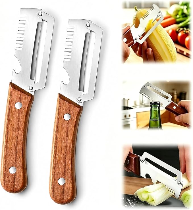 2Pack MultiFunctional Vegetable Peeler, 3 in 1 Multi Functional Wooden Handle Peeler and Bottle Opener, Kitchen Gadgets Tool for Fruit Pumpkin Peeling Potato Carrot Veggie Peeler.