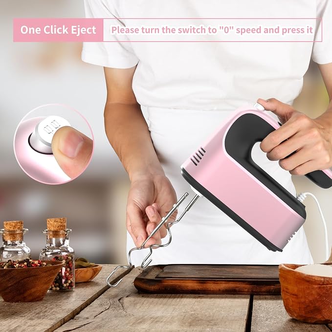 Yomelo 9-Speed Digital Hand Mixer Electric, 400W Powerful DC Motor, Hand Mixer Electric Handheld with Snap-On Storage Case, 5 Stainless Steel Accessories, Beaters, Dough Hooks, Whisk(Rose Gold)