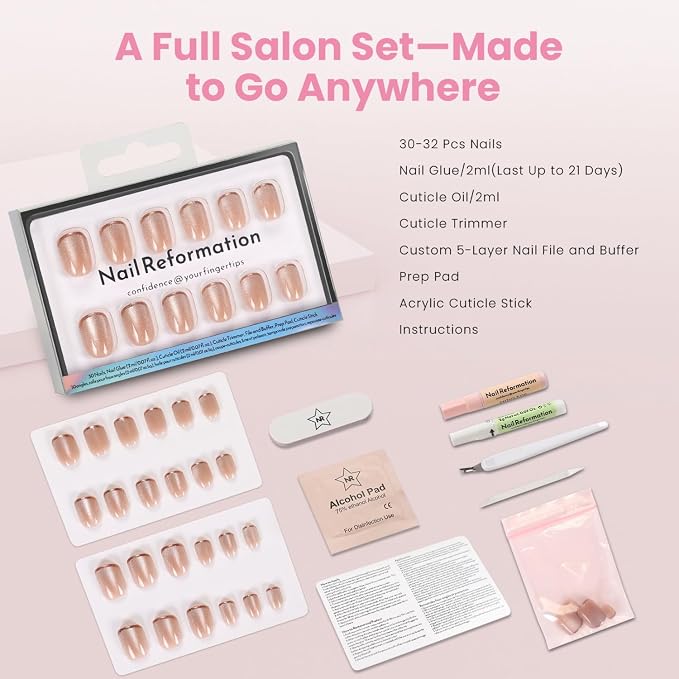 Nail Reformation Press On Nails, Shimmer Bright | Short Square Fake Nails | Brown French Tip on Neutral Base in Velvet Finish, Reusable Stick On Nails in 15 Sizes - 30 False Nail Kit for Women Gifts