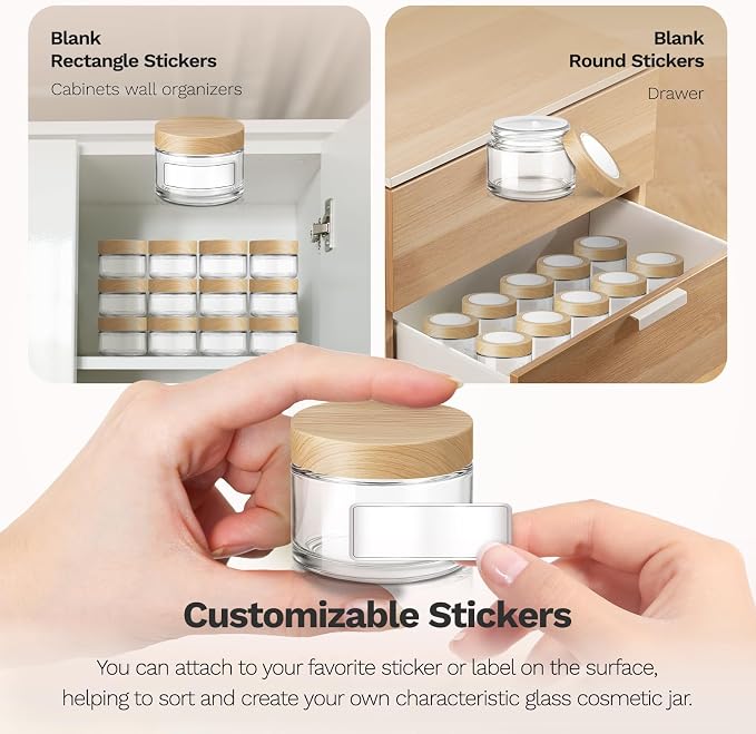 1 oz Clear Glass Jars with Lids, 6 Pack Small Sample Cosmetic Container | Leakproof, Refillable, Travel-Size, Mini Empty Jar with Labels for Lip Balm, Creams, Lotions, Samples and Homemade Skincare