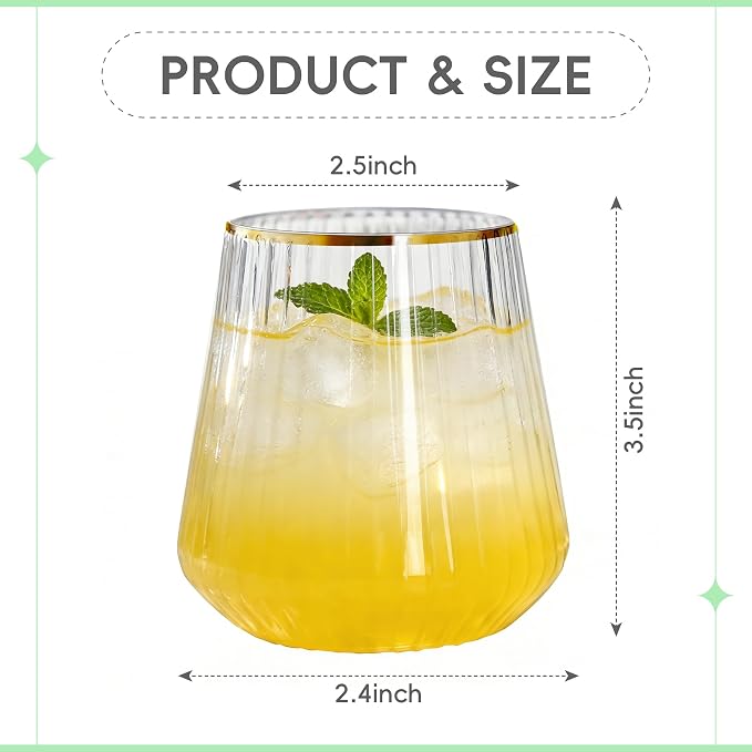 N9R 24PCS Plastic Wine Glasses Disposable, 14 oz Gold Rim Cocktail Spritz | Clear Gold Stemless Champagne/Whiskey/Drinking Cups, Fancy Origami Ripple, Shatterproof, for Parties, Weddings, Pool and Bar