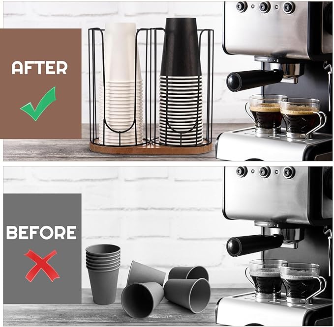 18oz Adjustable Coffee Cup Dispenser with Wooden Base, Cup and Lid Holder, Cups Holder Organizer for Coffee Pod Straw and Lid Storage(2-Compartment Single,Color 1)