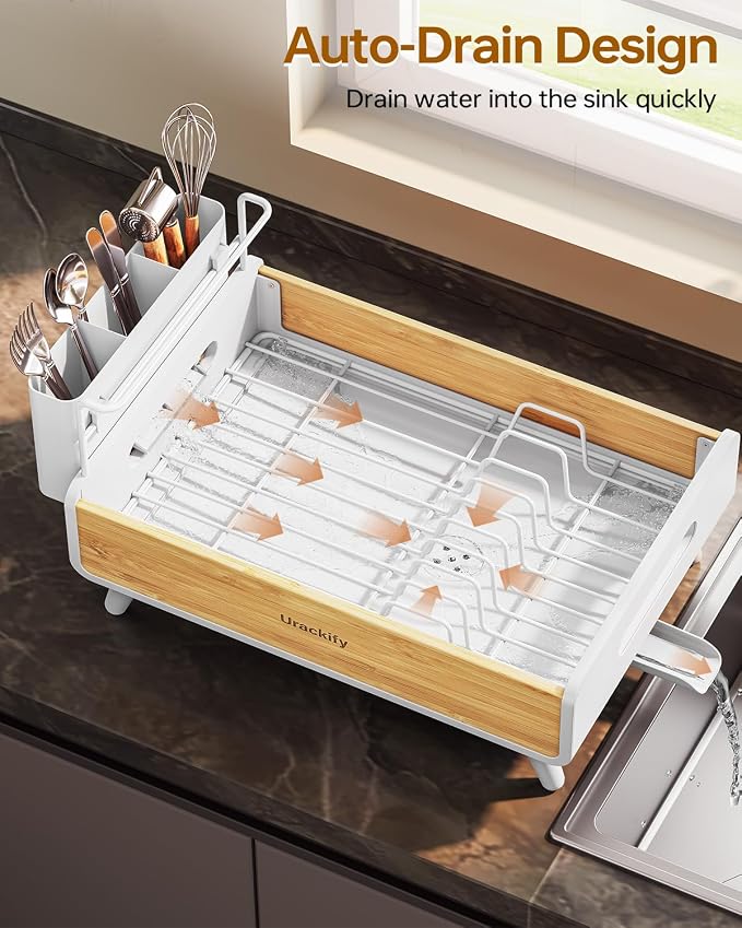 Urackify Modern Dish Rack for Kitchen Counter,Stainless Steel&Bamboo,White | Elegant Bamboo Accent, Large Capacity, Self-Draining Spout, Rust-Resistant, Removable Utensil Holder