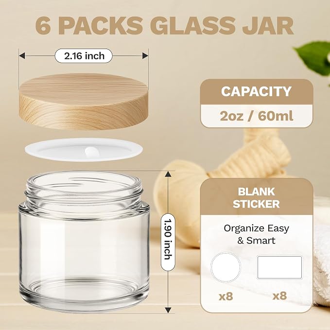 2oz Small Glass Jar with Lid, 6 Pack Clear Cosmetic Jar with Wood-Grain Lid | Leakproof, Refillable, Travel-Size, Empty Lotion Jar with Labels for Cream, Salve, Candle Making, Homemade Skincare