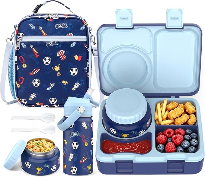 Bento Lunch Box for Kids Adult, Leakproof 3-4 Compartment Bento Box Set with Insulated Food Jar,Water Bottle, Lunch Bag, School Lunch Container for Toddler Teen Girls Boys Ages 3+(Football)