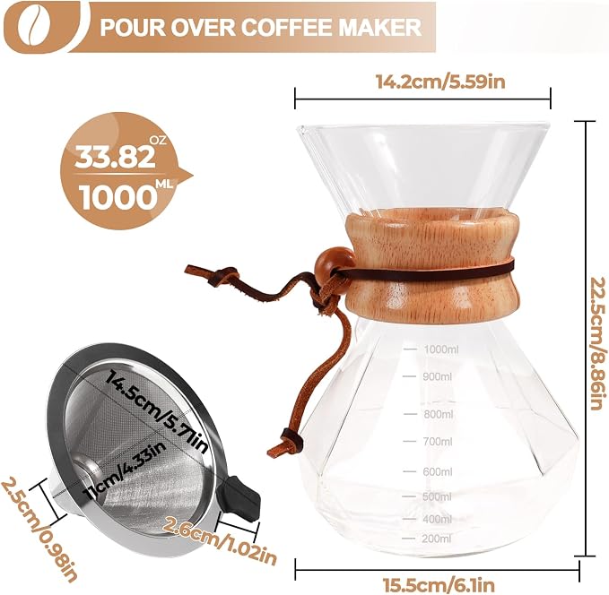 Pour Over Coffee Maker 1000ml with 304 Stainless Steel Filter Wooden Collar Holder Borosilicate Glass Drip Coffeemaker Server Set Clear Hand Brew Dripper Carafe for Home Camping Travel 33.8oz