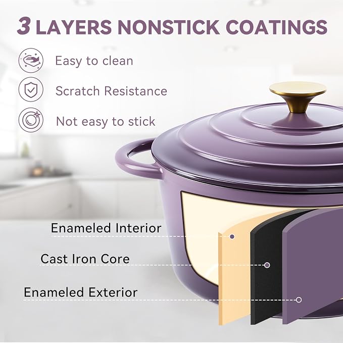 Miereirl 6 Quart Enameled Dutch Oven Pot with Lid, Cast Iron Dutch Oven with Dual Handles for Bread Baking, Cooking, Non-stick Enamel Coated Cookware, Purple