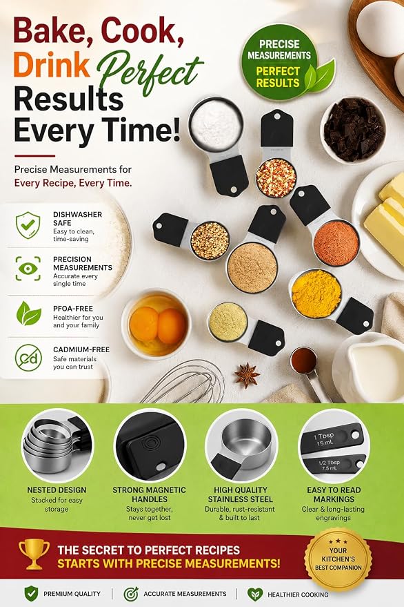 Magnetic Measuring Cups & Spoons Set|304 Stainless Steel Dual Scale Set of 15, Strong N52 Magnetic Nesting Design with Leveler, for Dry&Liquid Ingredients, Dishwasher Safe(Black)