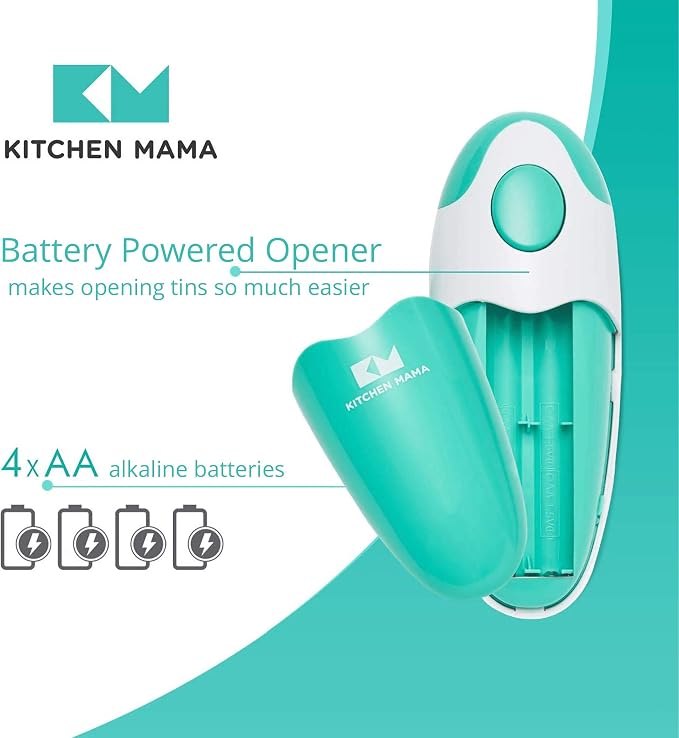 Kitchen Mama Auto Electric Can Opener, Teal | Automatic, Hands Free, Smooth Edge, Food-Safe, Battery Operated