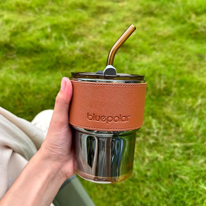 BLUEPOLAR 13oz/400ml Tumbler Water Glass, Cups with Straw and Lid Sealed Carry on for Coffee, Iced Tea, Thick Wall Insulated Glass Cup (Amberwith Protect Sleeve)