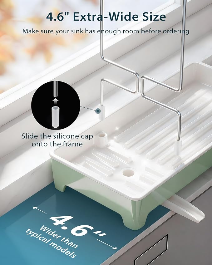 Minimalist Sink Caddy, Rustproof Sponge Holder for Kitchen Sink Green | Large Rustproof countertop organizer with 304 stainless steel brush holder, raised ridges and silicone drain tube