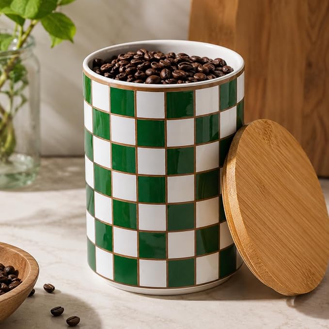 Kitchen Countertop Ceramic Checkered Canisters,Black And White Food Storage Containers With Lid,Airtight Kitchen Canisters for Flour, Sugar, Coffee, Tea, and Dry Goods (Green, XL)