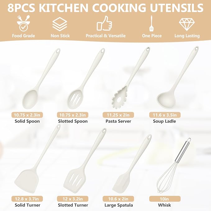 TeamFar Silicone Cooking Utensils Set, 8 PCS Kitchen Utensils Set, White | 446°F Heat Resistant Turner, Spatula, Spoon, Whisk, Kitchen Cooking Gadgets Tools, for Nonstick Cookware, Dishwasher Safe
