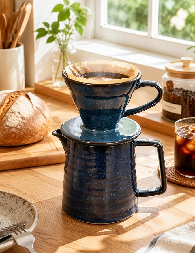 Pour Over Coffee Maker, Ceramic Coffee Dripper Set with 40pcs Paper Filters, 15oz/450ml Capacity, Unique Starry Blue Glaze, Compact Size 3.58" x 4.47" x 3.70" for Home Office or Gift