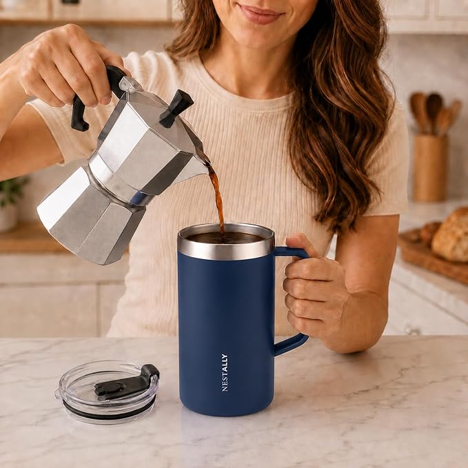 NESTALLY Cozy 20oz Insulated Coffee Mug with Handle & Lid, Navy Blue | Stainless Steel Double Wall Vacuum Travel Mug for Hot & Cold Drinks, Reusable Coffee Tumbler, Non-Slip Base, BPA-Free