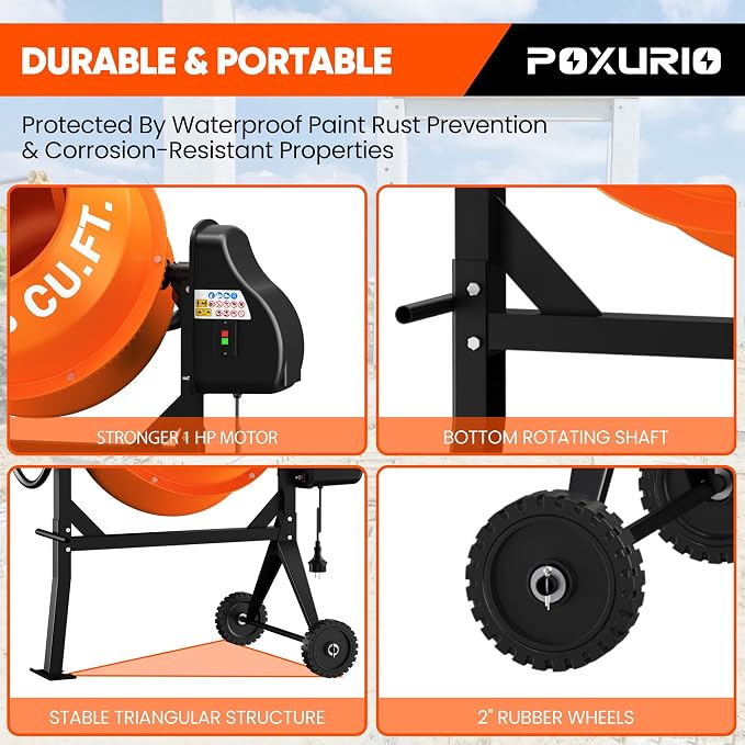 5.3 Cu.Ft. 1HP Electric Cement Mixer, 750W, 140L Portable Concrete Mixer Machine with Stand & Wheels, for Stucco, Mortar, Seeds - 2026 Upgraded (Orange)
