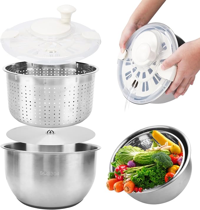 Stainless Steel Salad Spinner, Lettuce Spinner with Drain, fruit washer 6 QT with PP Cover Non-Slip Base, 3-in-1 Vegetable Wash Bowl for Dehydrating Lettuce, Fruits and Vegetables, Pasta