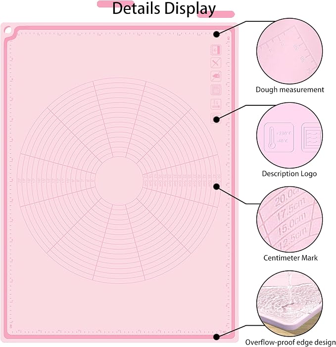 Silicone Pastry Mat 32" x 24", Extra Thick Non-stick Dough Rolling Mat | Anti-slip, Heat Reststant, Dishwasher Safe,With Cable Ties, Crem Scraper, Pastry Brush