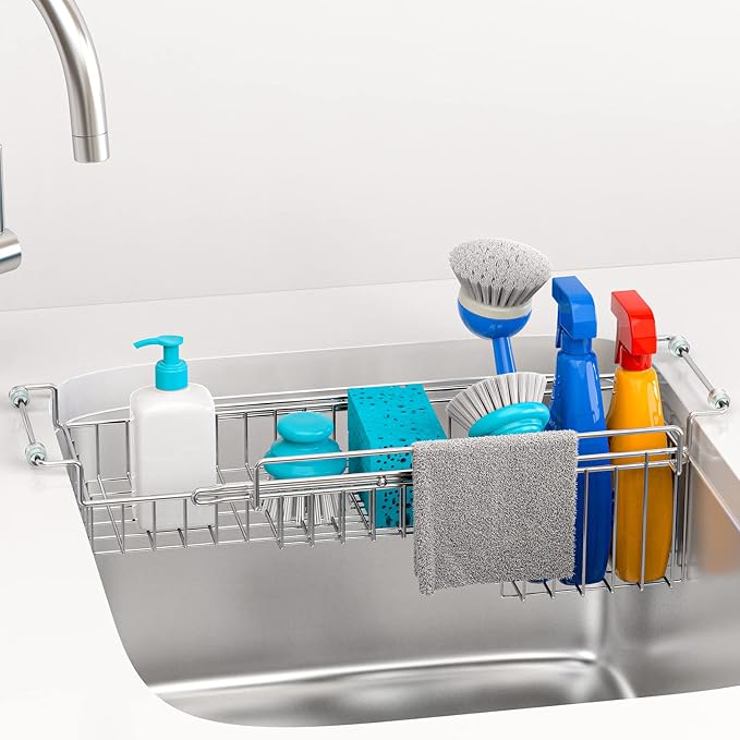 Dish Stands, Over The Kitchen Sink Caddy Sponge Holder Organizer Drying Rack Expandable for Sponge Brush Soap Dish Cloth Rag Smaller 12.25" to 17.25", Stainless Steel