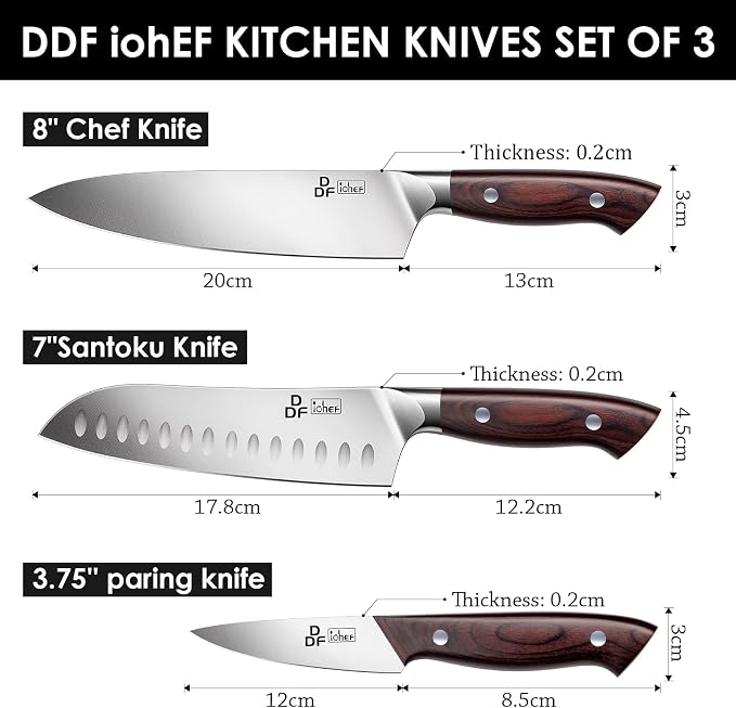 3 Piece Knife Set, High Carbon Stainless Steel and Pakkawood Handles | Japanese Kitchen Knife Set with Ergonomic Full-Tang Wooden Handle, Sharp Chef Knife Set in Gift Box
