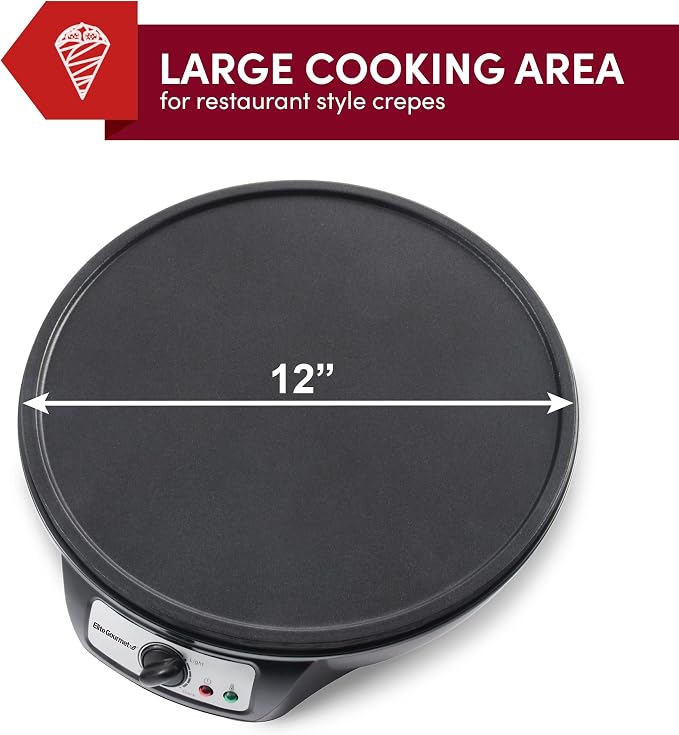 Maxi-Matic ECP-126 Electric Crepe Maker & Griddle, Non-Stick, 12" Black | Also Makes Pancakes & Hot Cakes, Includes Spreader, Spatula & Recipe Guide, Great for Breakfast Meals